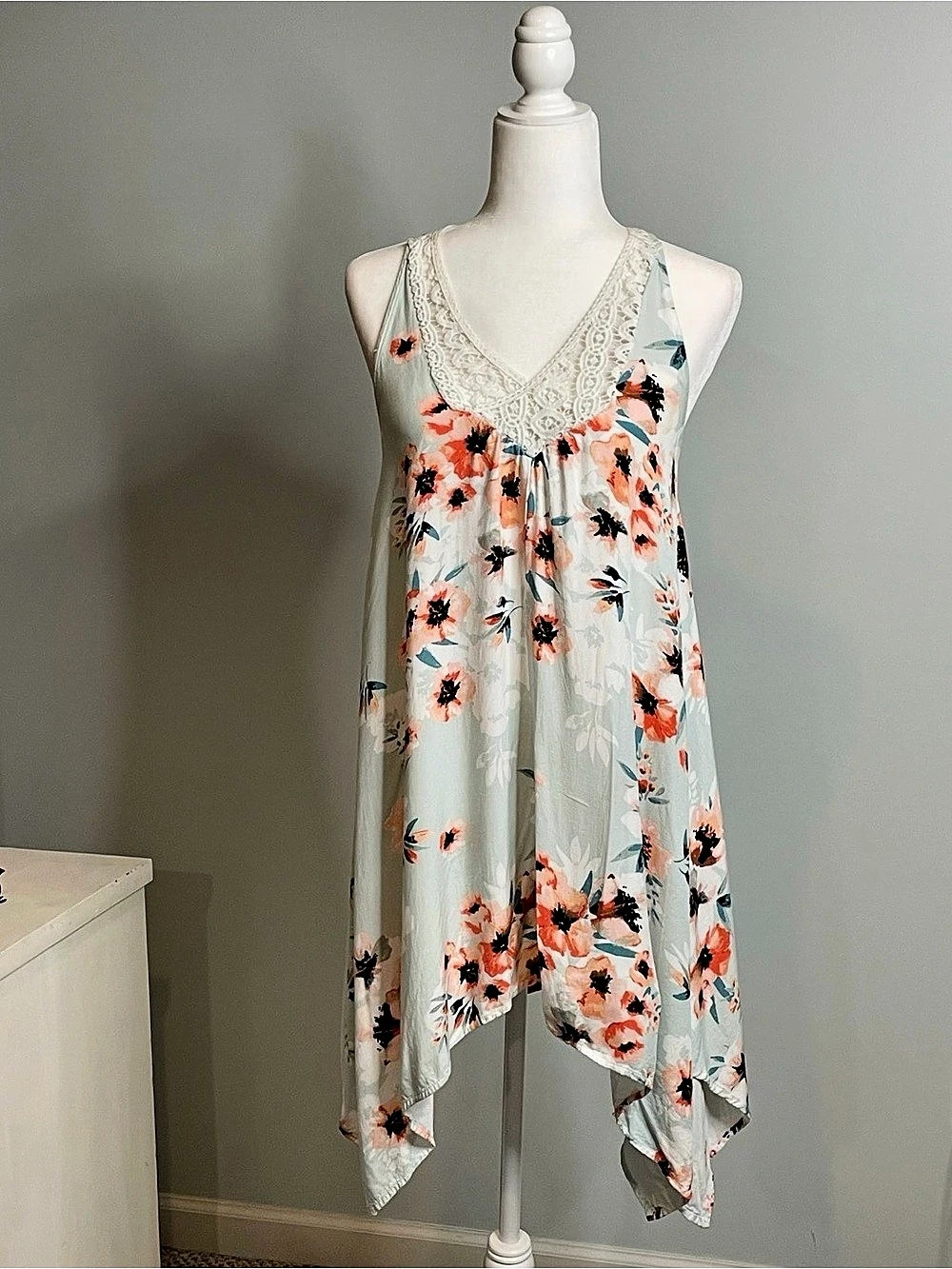 O’Neill Floral Handkerchief Hem Lace Racerback Dress Size S